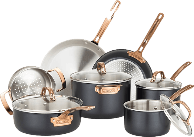 Viking 3-Ply Cookware Set with Glass Lids · 11 Piece Set · Black and Copper