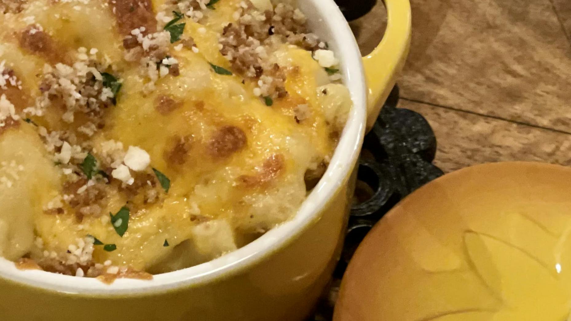 Mac and Cheese is served in style with the Le Creuset Mini Crocotte with Flower Lid.