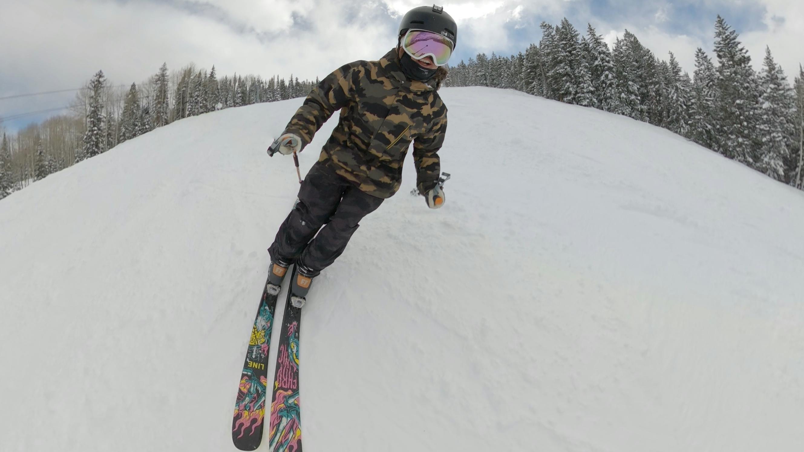 A skier on the 2024 Line Chronic 94 Skis. 
