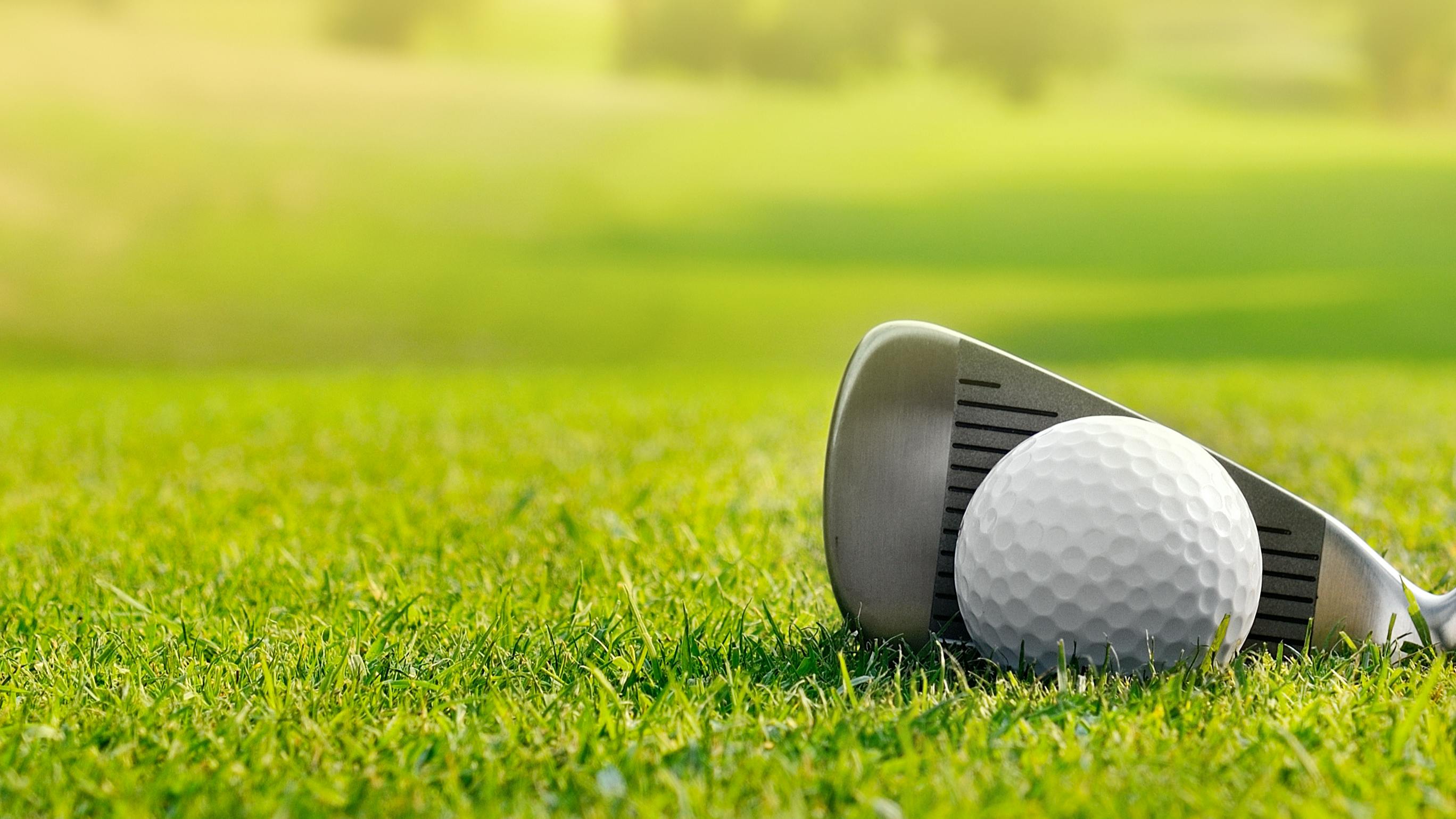 A white golf ball in front of a golf club. 