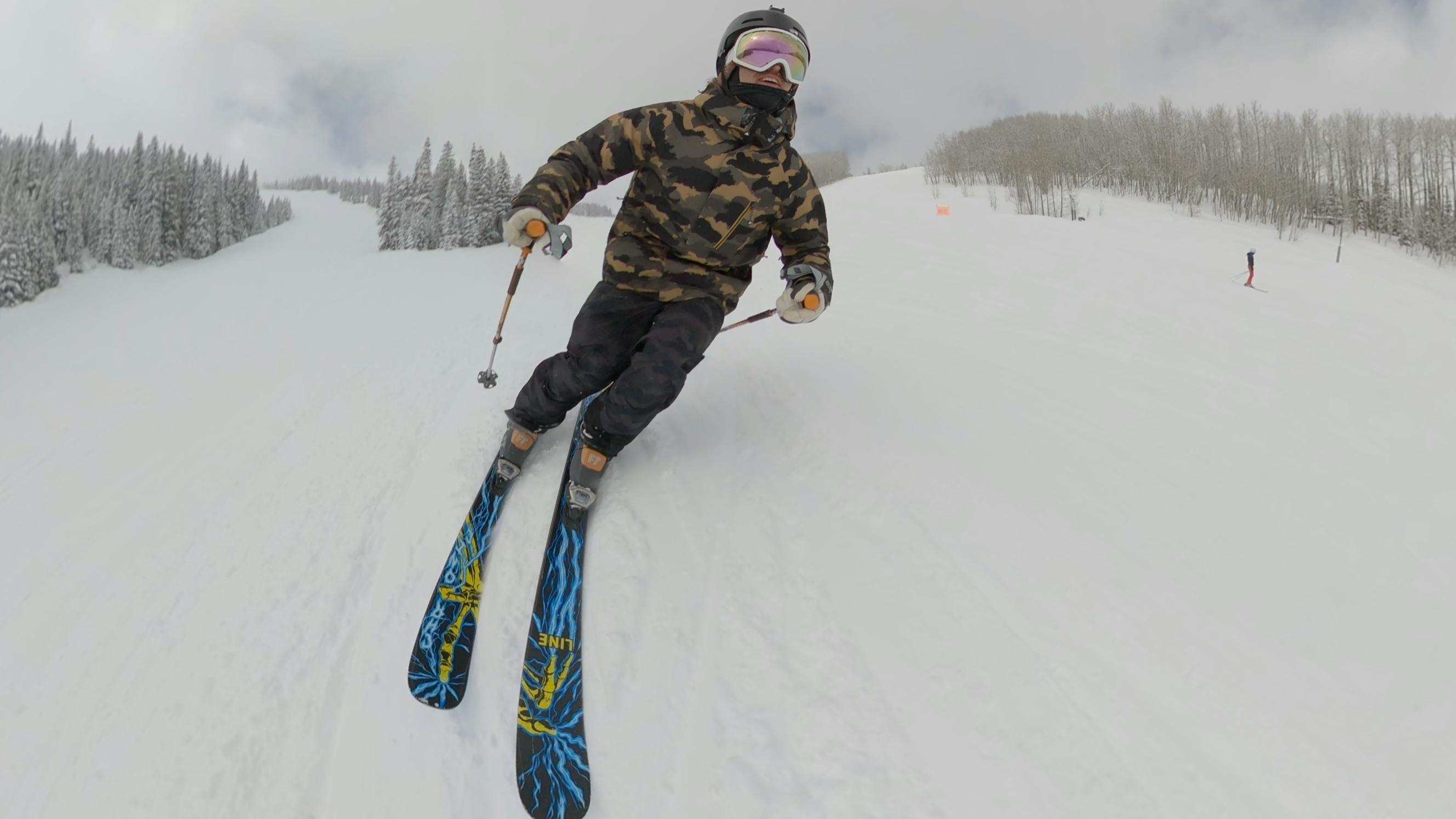 A skier on the 2024 Line Chronic 101 Skis. 