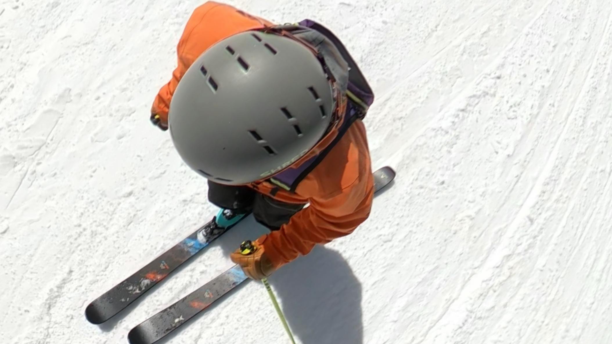 Top down view of a skier on the 2024 Dynastar M-Menace 90 Skis.