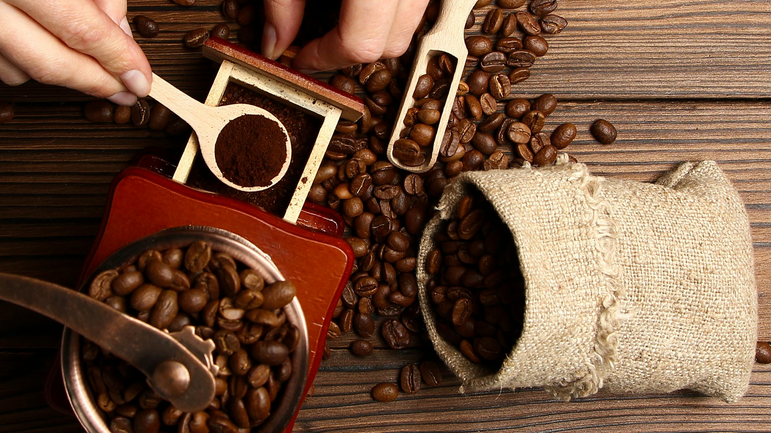 Top down view of someone removing ground coffee from a cofee grinder. 