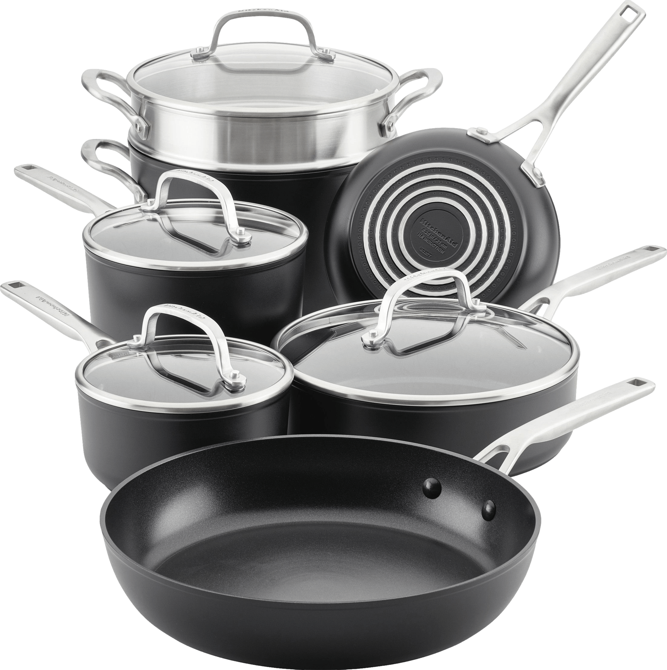 Circulon Symmetry Hard Anodized Nonstick Cookware Pots and Pans Set,  11-Piece, Black & Symmetry Hard Anodized Nonstick Frying Pan Set - 10 Inch  and 12
