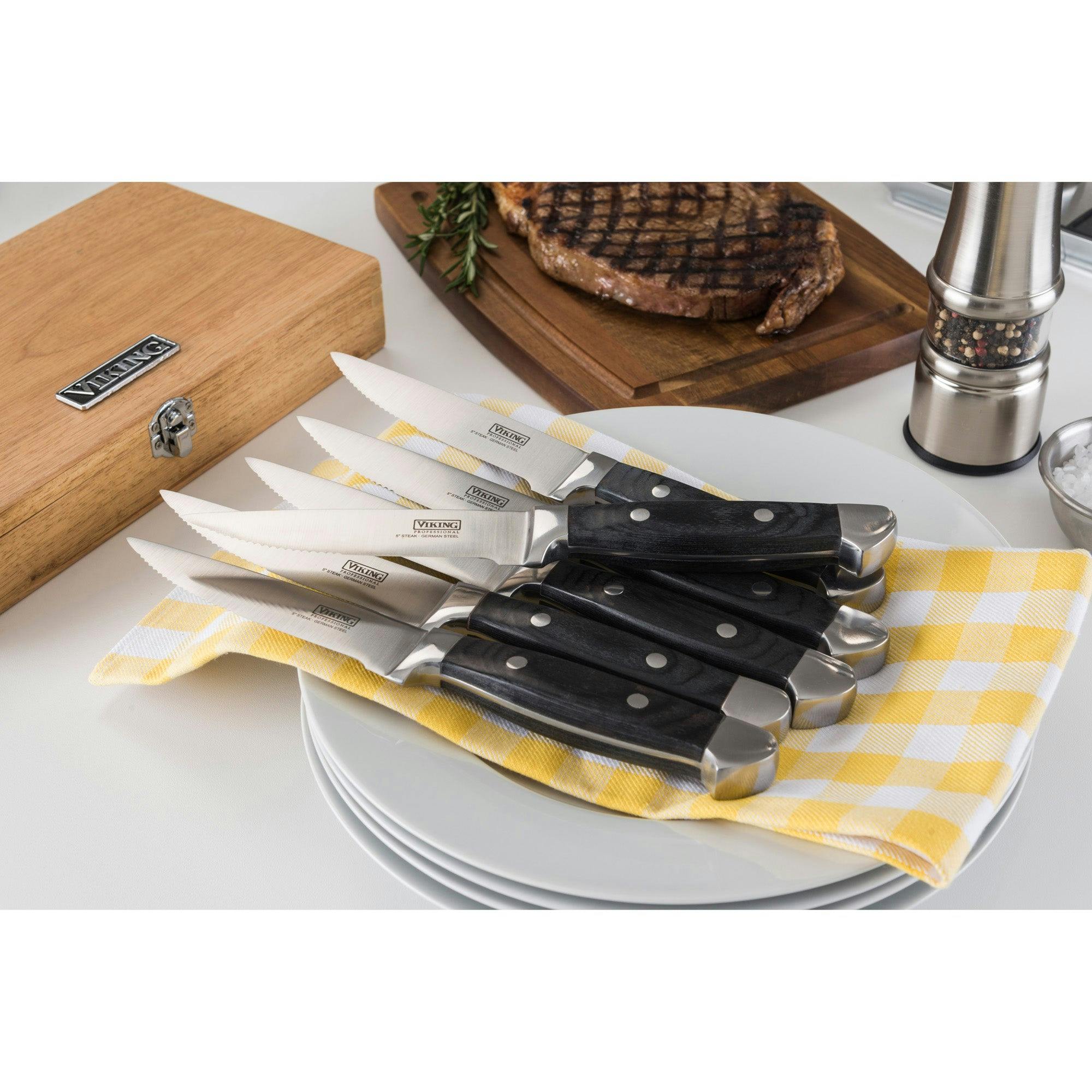 Viking 8-Piece Steakhouse Steak Knife Set with Storage Box Black