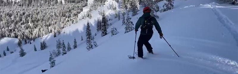 A skier using the Moment Wildcat skis in the backcountry.