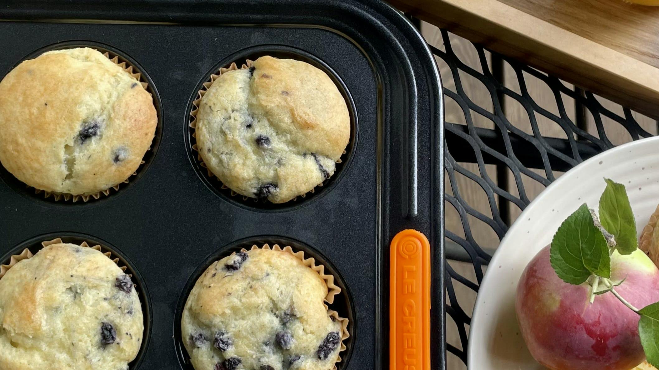 Blueberry muffins in Le Creuset nonstick muffin pan.