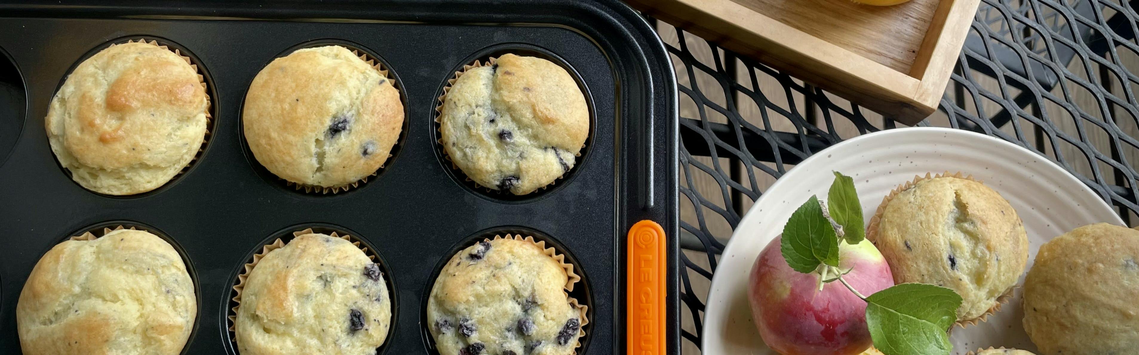 Blueberry muffins in Le Creuset nonstick muffin pan.